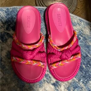 SCHUTZ Hot Pink Braided Rope Slide Sandals with Multicolor Accents